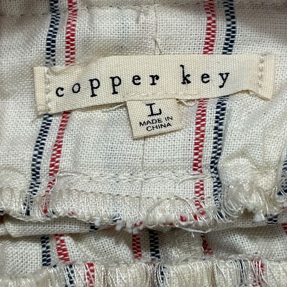 COPPER KEY PANTS WOMENS LARGE NATURAL STRIPED‎ BELTED WIDE-LEG CROPPED TROUSER - Picture 6 of 12